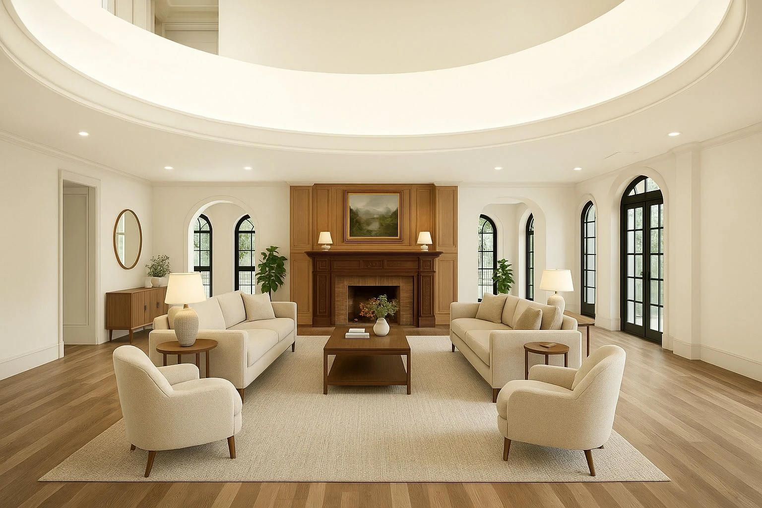 Broad living room with arched black-framed windows and a carved wood fireplace mantel at 5040 Independence Avenue