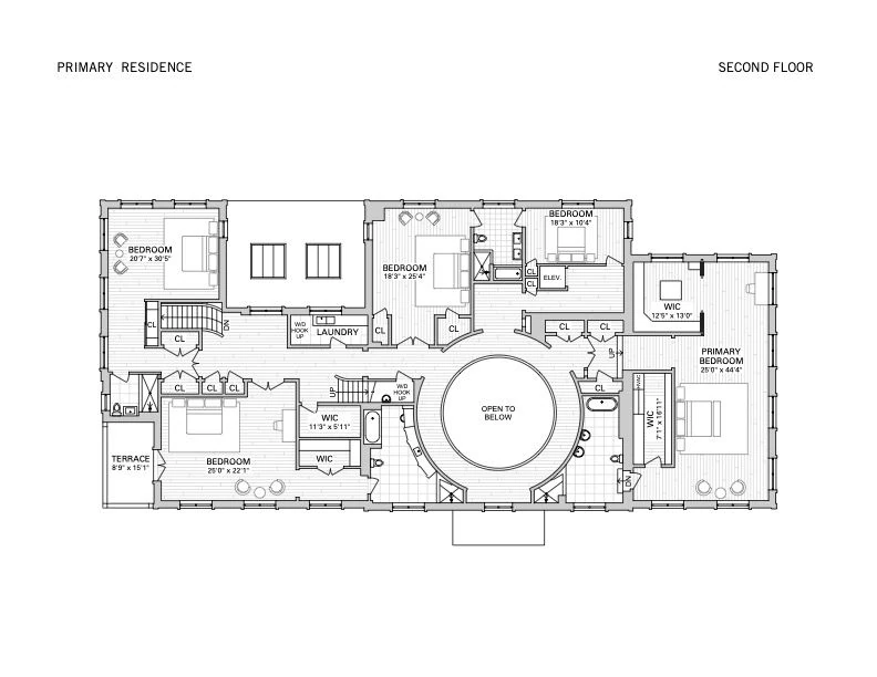 Second-floor plan showing bedrooms arranged around a circular opening at 5040 Independence Avenue