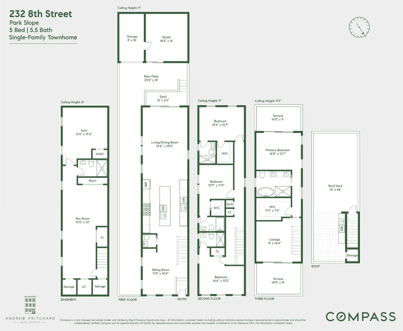 Floor plan of the four-level townhouse, roof deck, garage, and studio at 232 Eighth Street