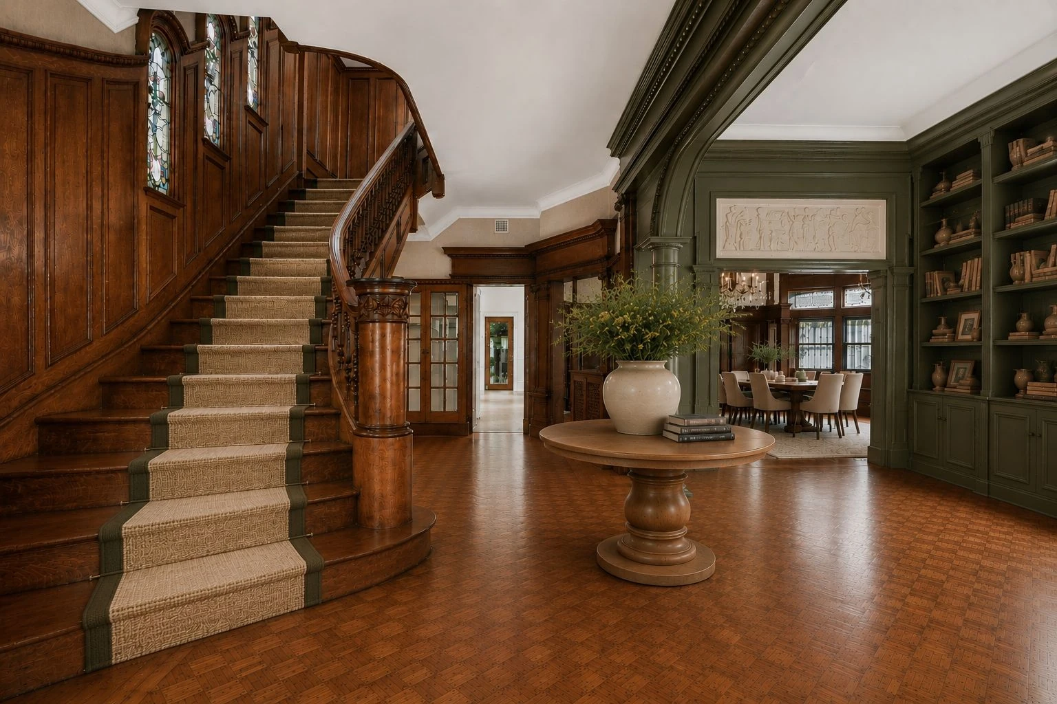 Grand wood-paneled foyer with curved staircase at 1094 Park Place