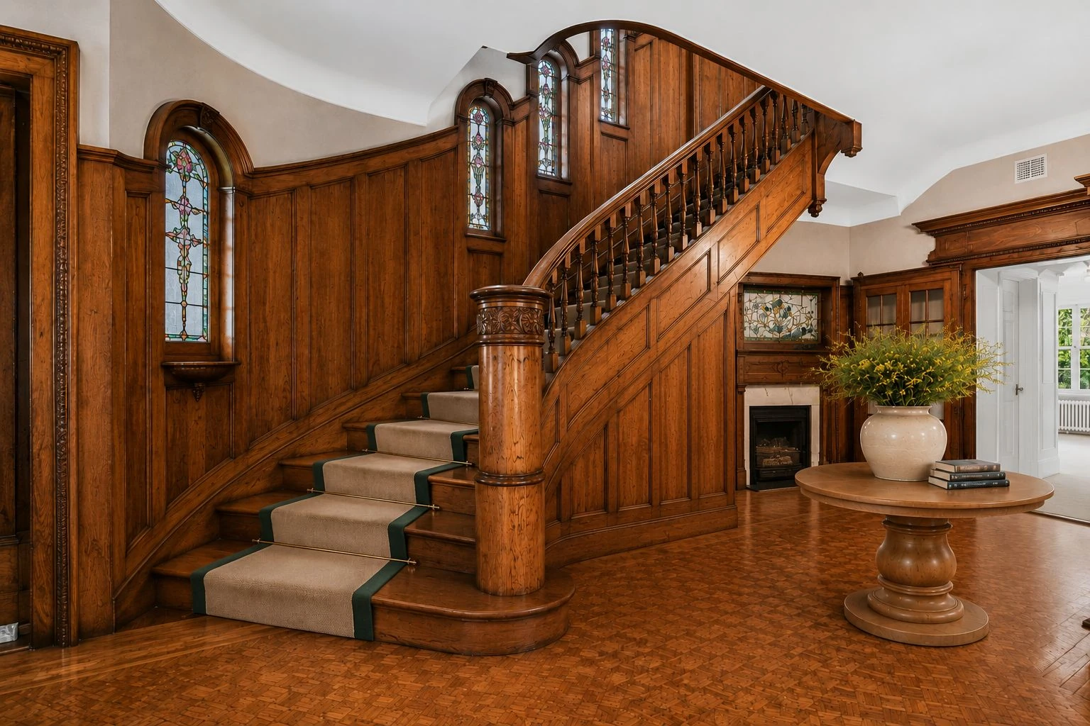 Grand wood-paneled staircase with stained glass windows at 1094 Park Place