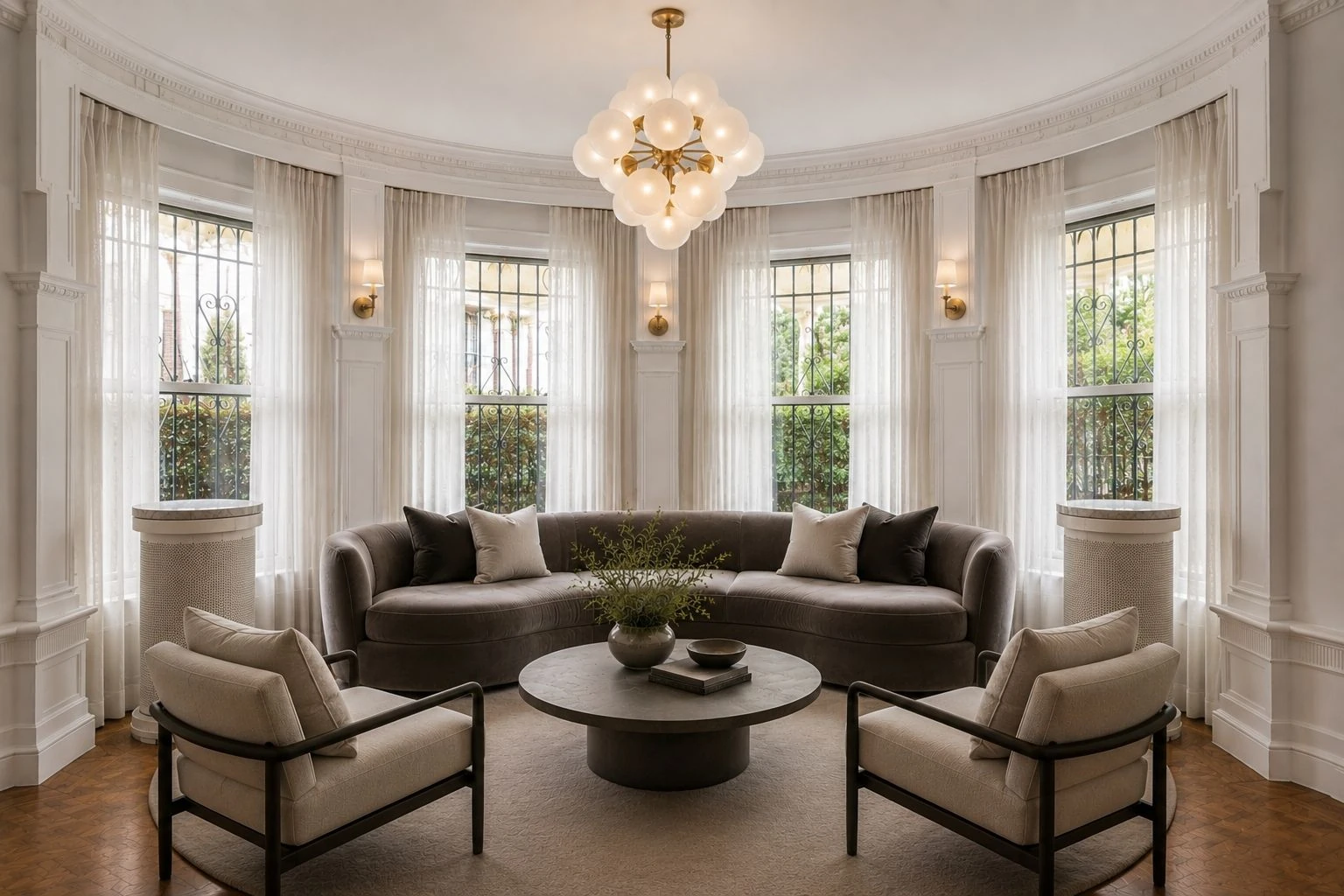 Elegant curved living area with large bay windows at 1094 Park Place