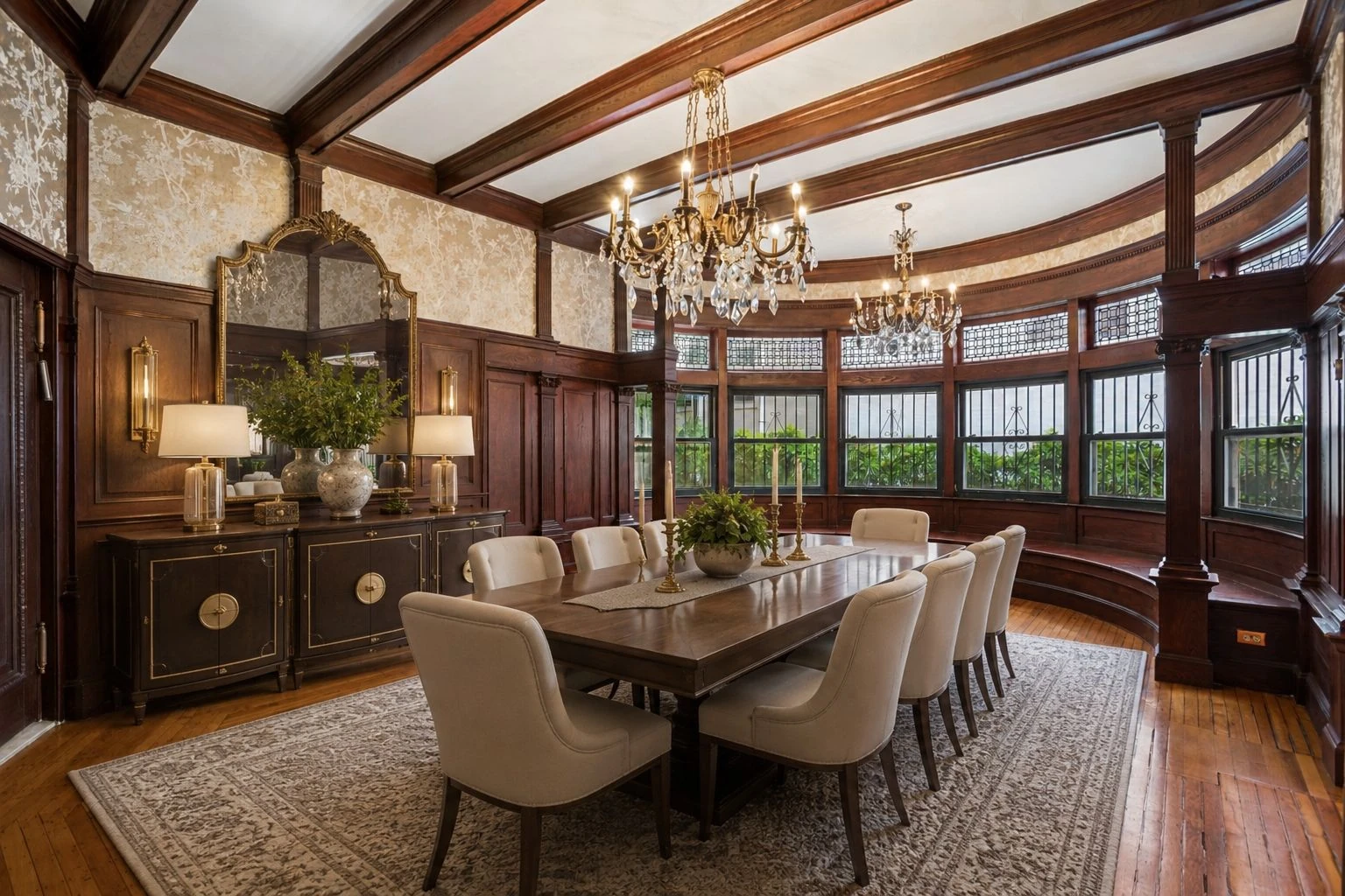 Elegant formal dining room with dark wood paneling and coffered ceiling at 1094 Park Place