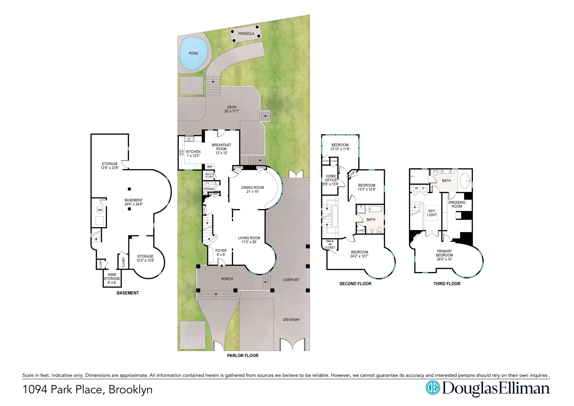 Multi-level townhouse floor plan with parlor, second, and third floors at 1094 Park Place