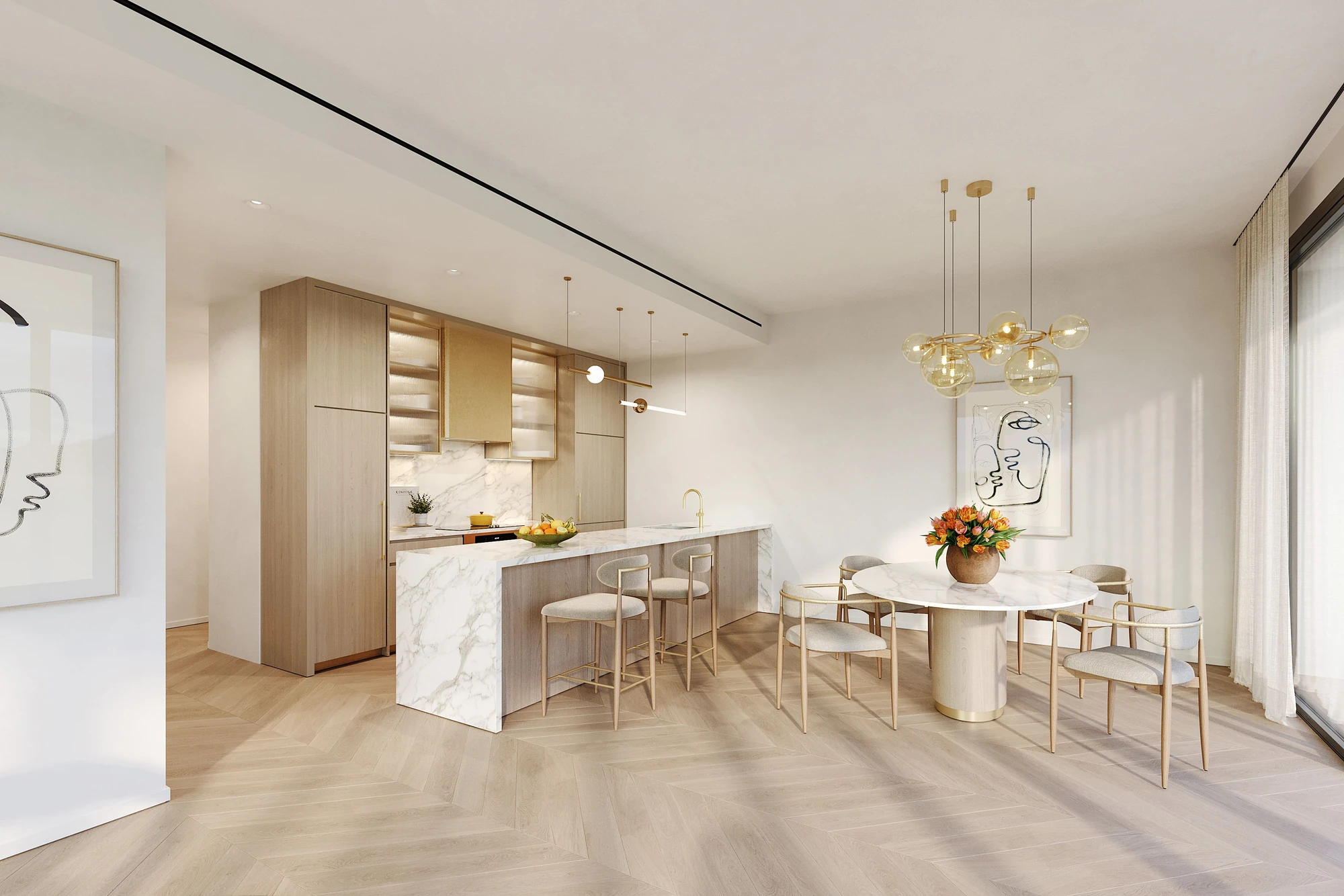 Open marble kitchen and dining area at 21-11 31st Street in Astoria