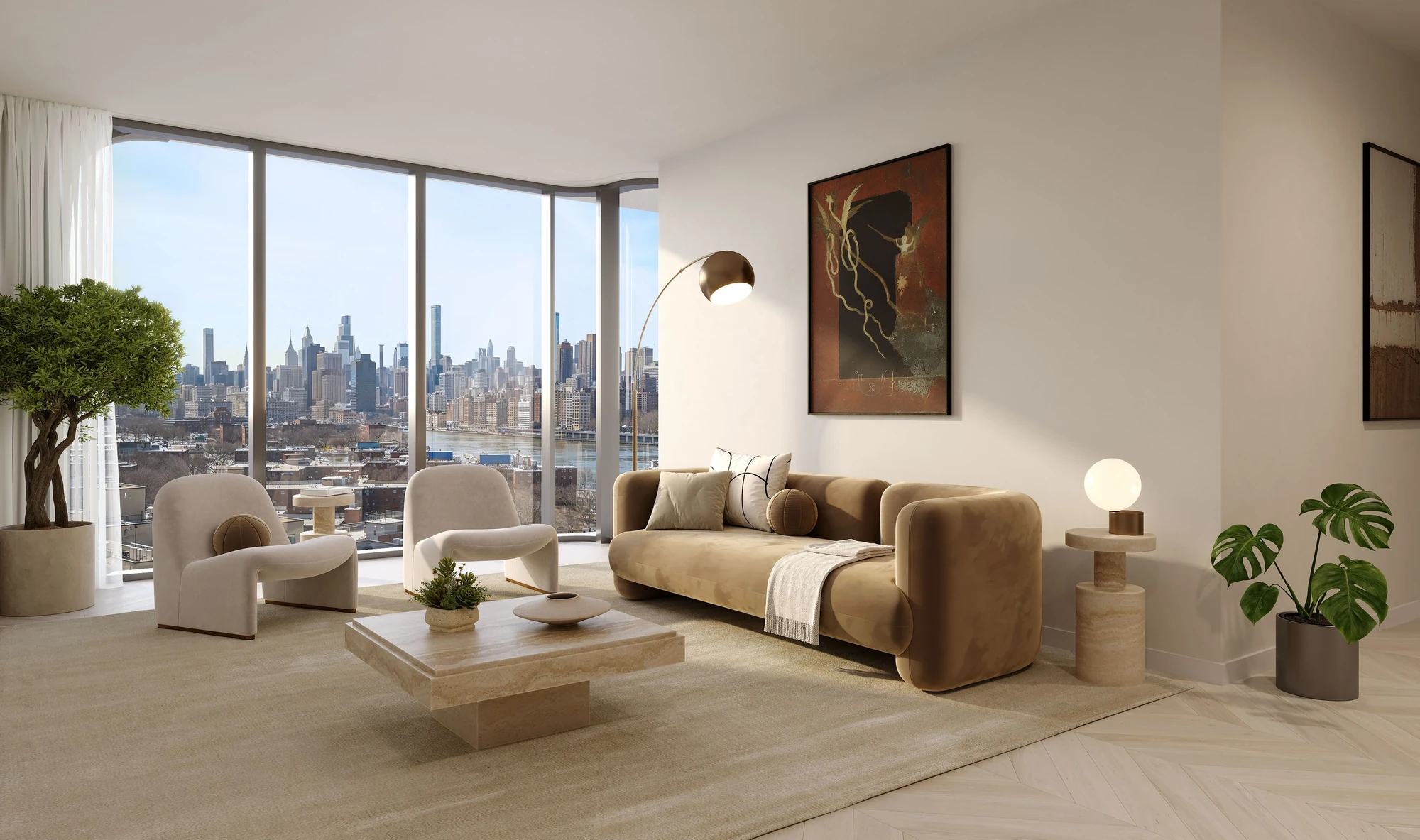 Living room with floor-to-ceiling skyline windows at 21-11 31st Street