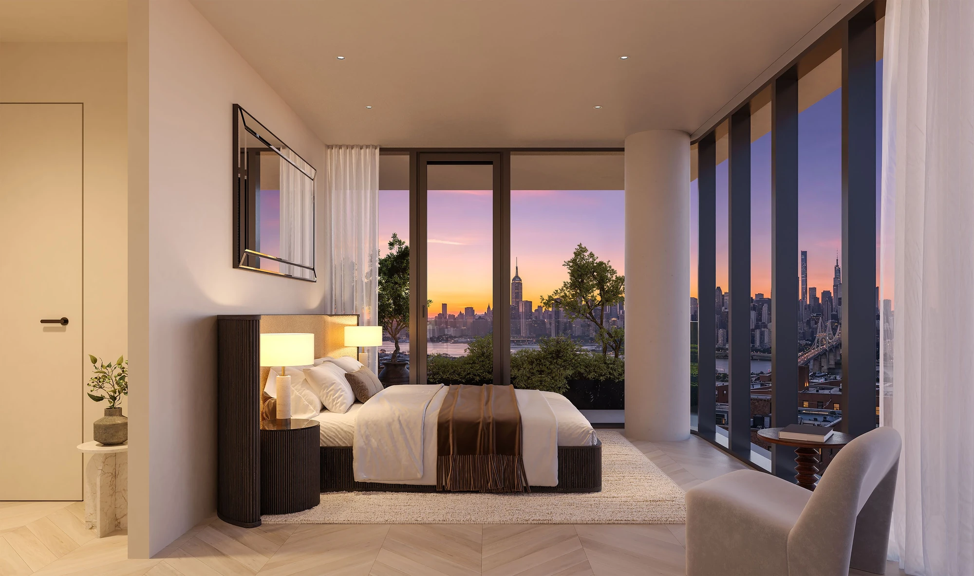 Bedroom with floor-to-ceiling skyline windows at 21-11 31st Street