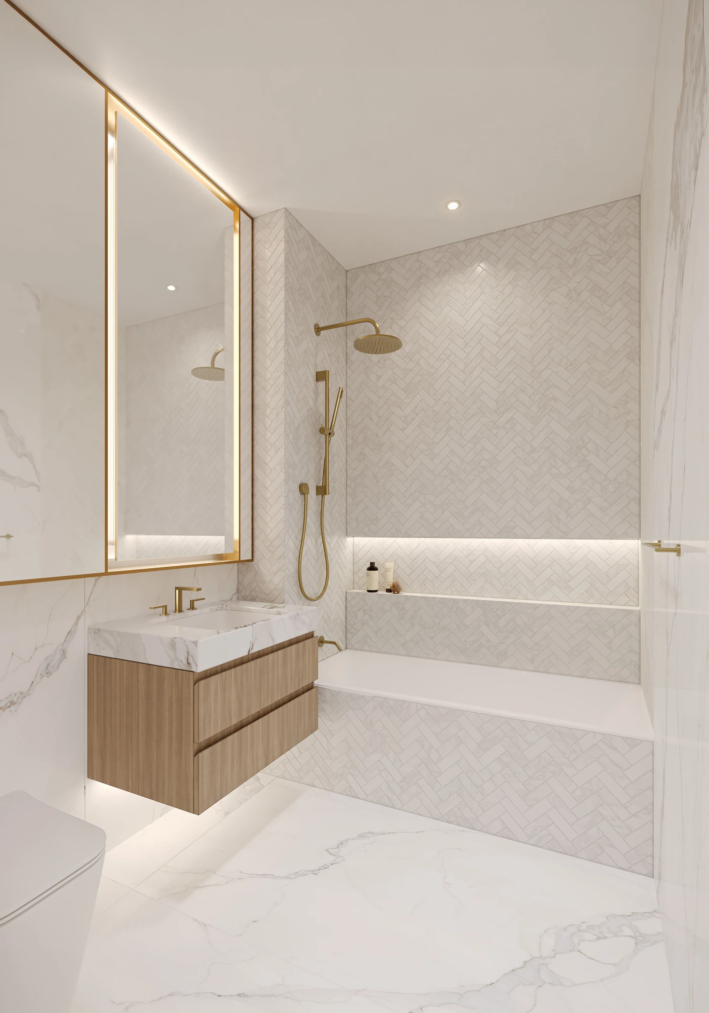 Marble bathroom with brass fixtures at 21-11 31st Street