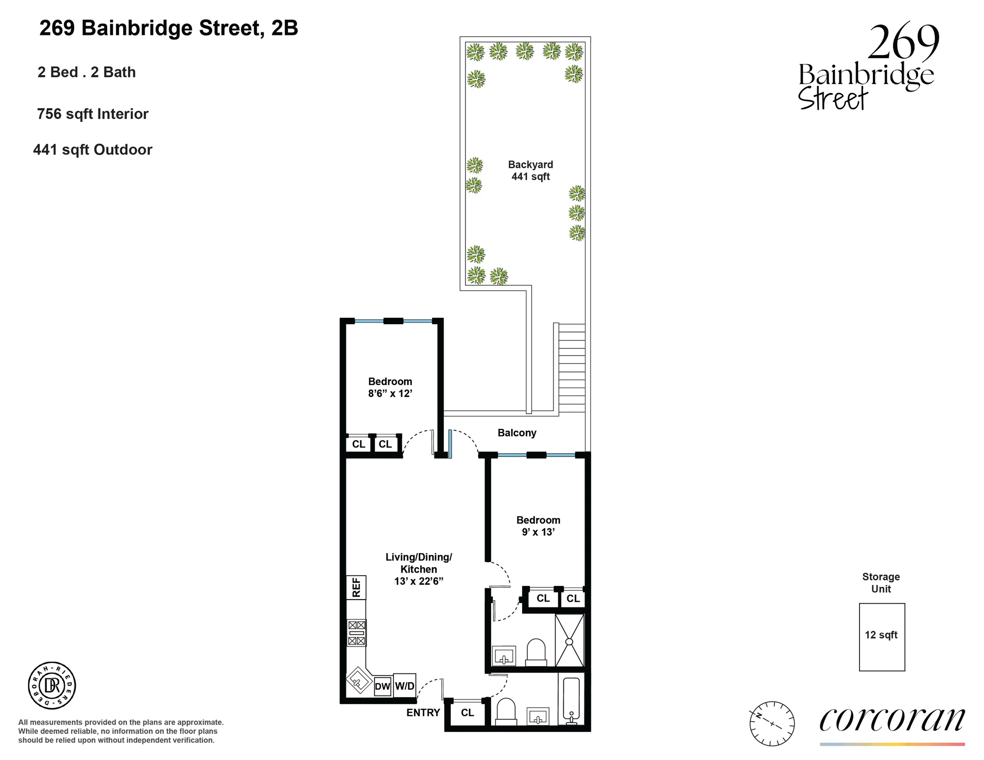 Two-bedroom floor plan with backyard access at 269 Bainbridge Street