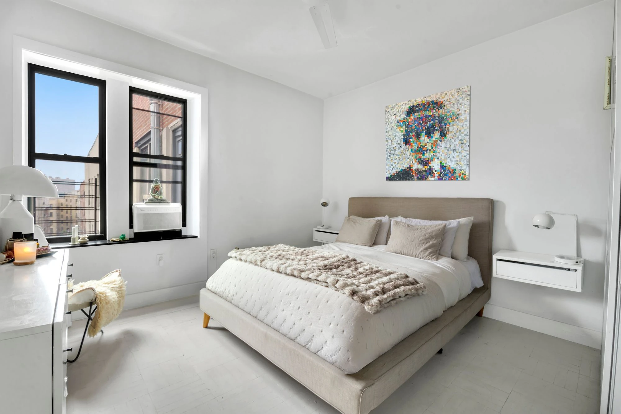 Bedroom with black-framed windows at 47 Fort Washington Avenue