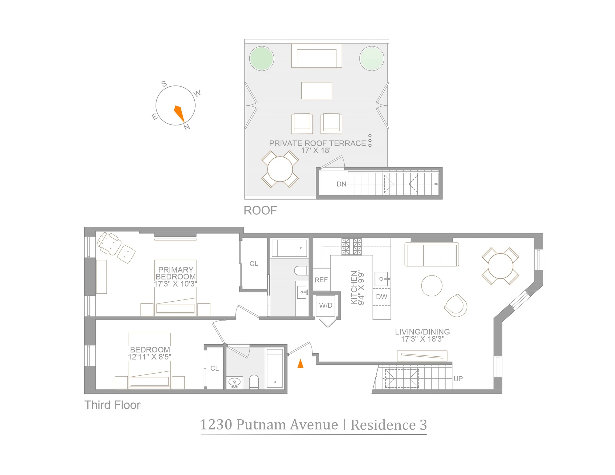 Two-level floor plan with private roof terrace at 1230 Putnam Avenue