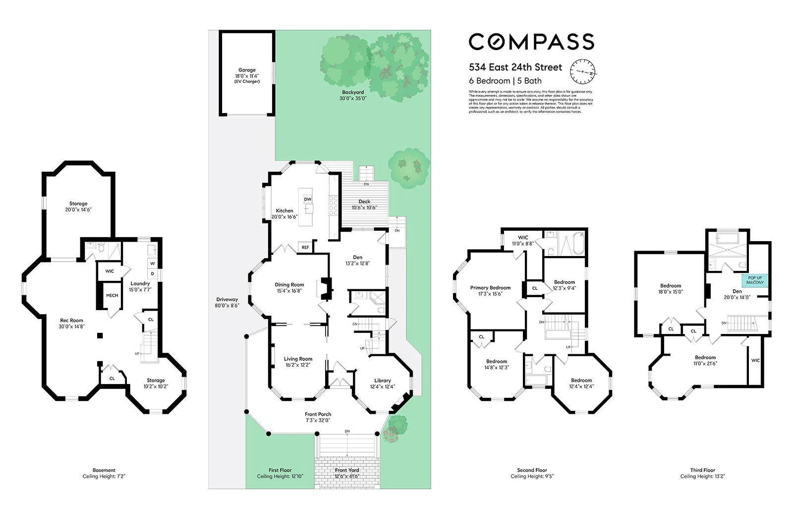 Floor plan showing the basement and three living levels, backyard, deck, driveway, and detached garage at 534 East 24th Street