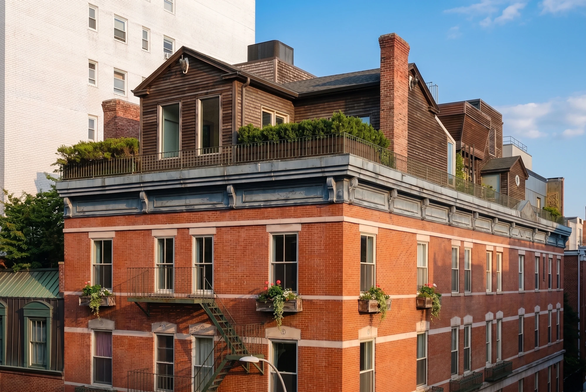 Listing imagery showing the rooftop home above the brick building at 203 East 13th Street