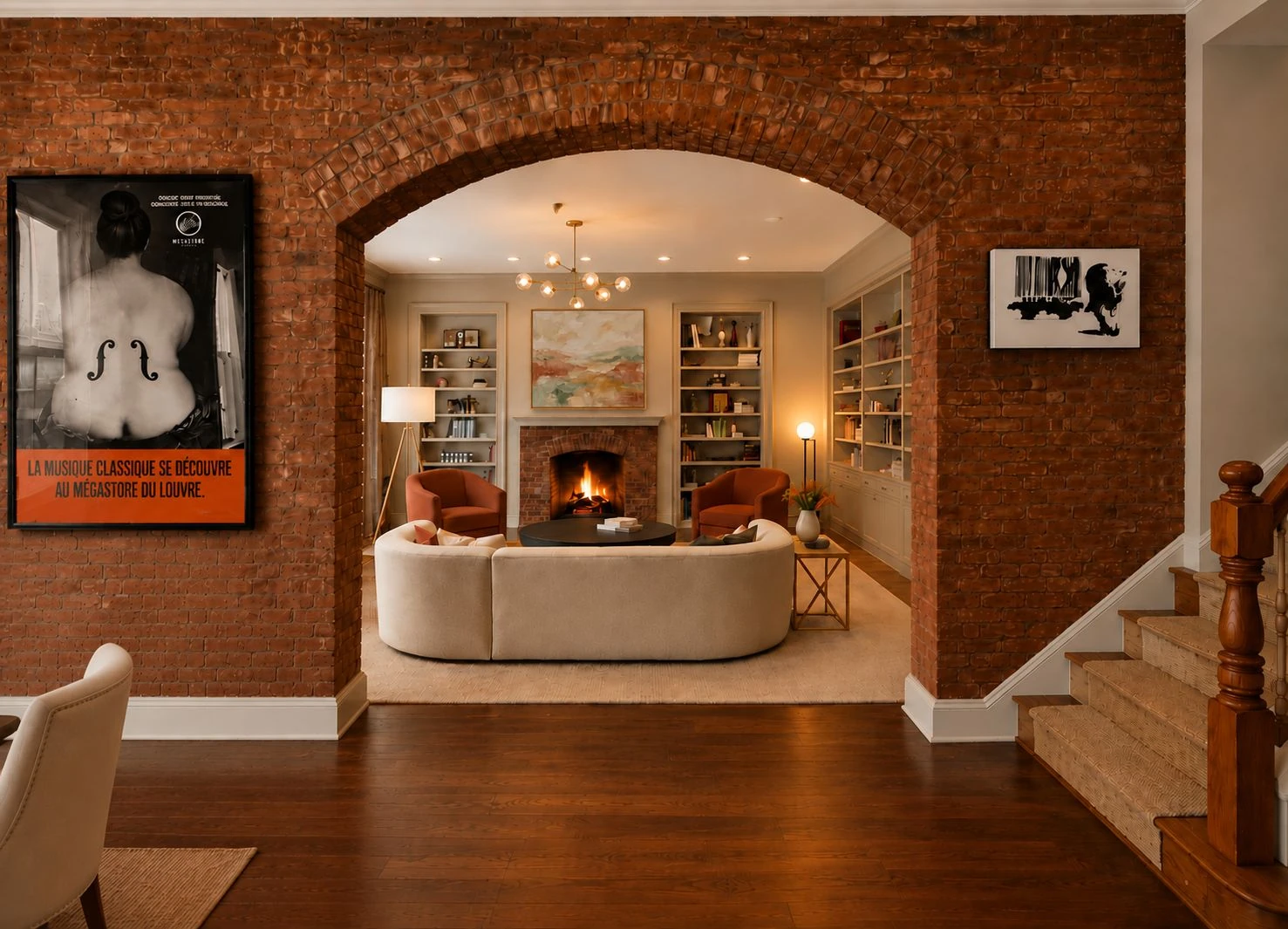 Listing imagery showing a broad brick arch framing a sitting room and fireplace at 203 East 13th Street