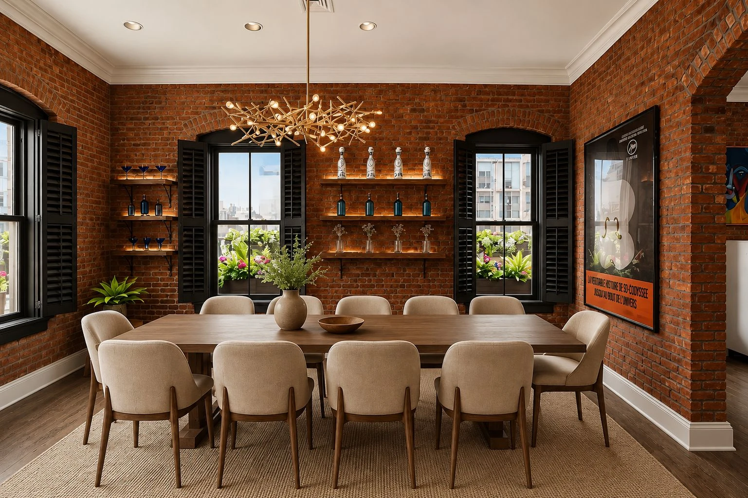 Listing imagery showing a dining room enclosed by red brick at 203 East 13th Street