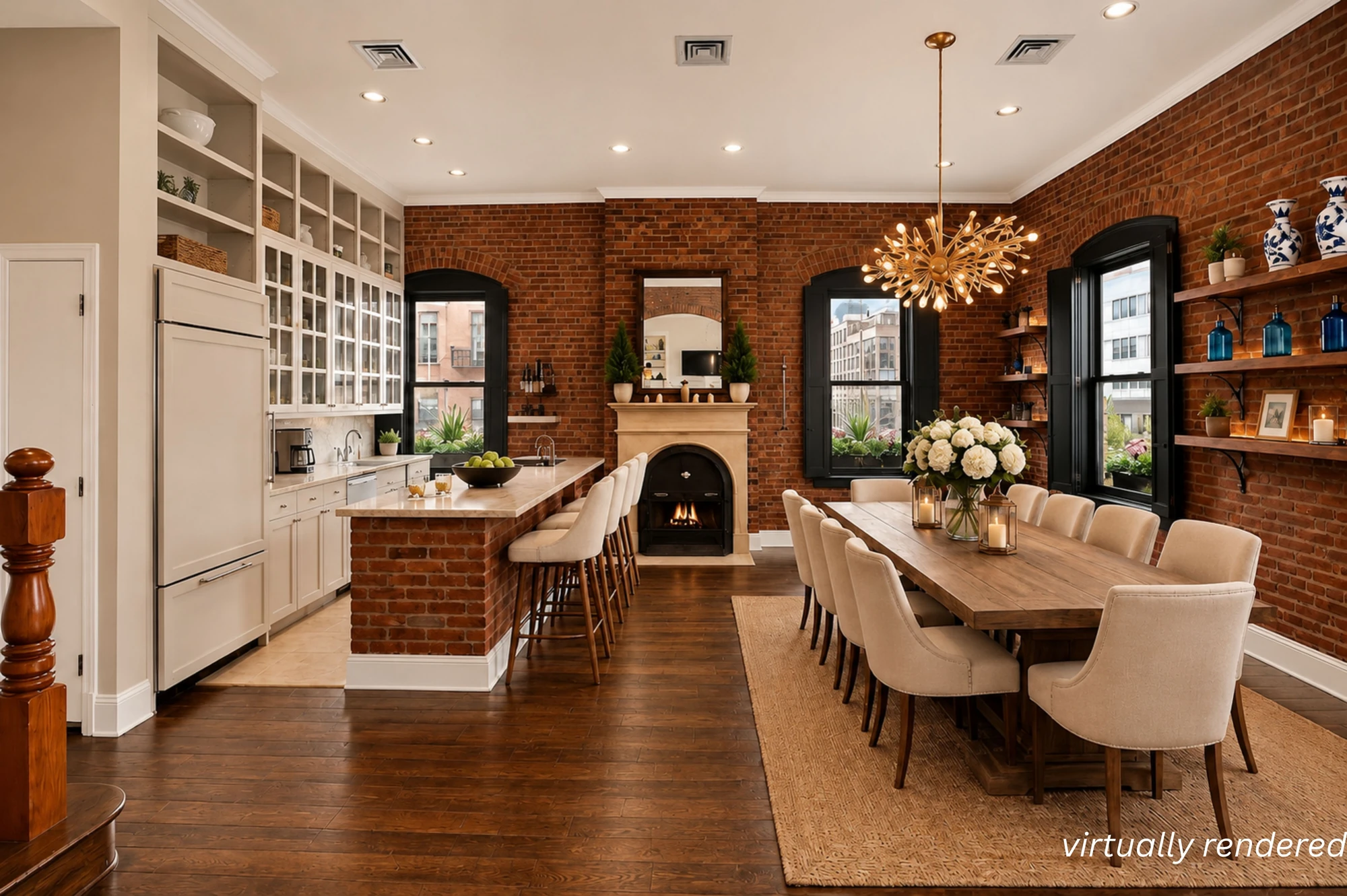 Virtually rendered kitchen and dining room with exposed-brick walls at 203 East 13th Street
