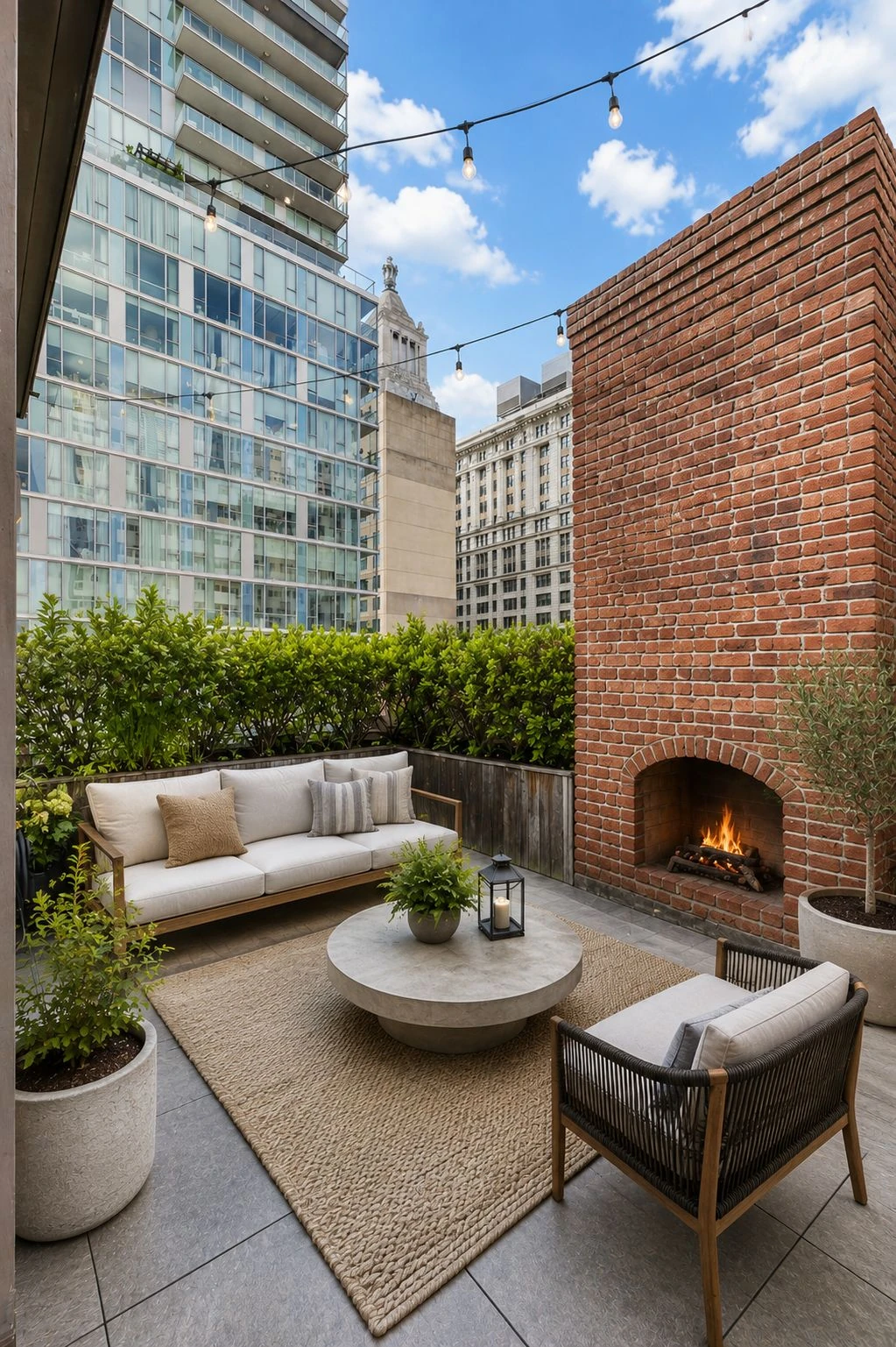 Listing imagery showing terrace seating and a brick outdoor fireplace at 203 East 13th Street