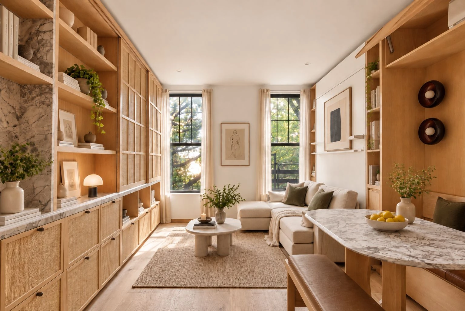 Living area with built-in shelving and cabinetry at 537 Clinton Street #3B; listing notes some images are virtually staged