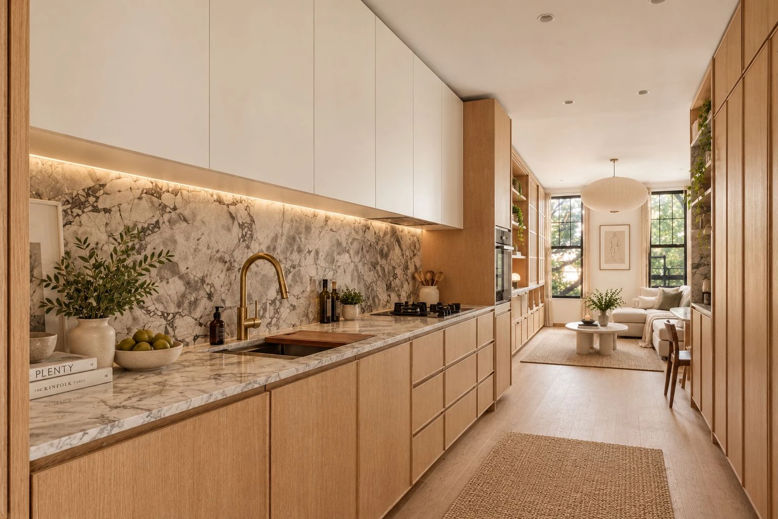 Kitchen cabinetry and a veined marble backsplash at 537 Clinton Street #3B; listing notes some images are virtually staged