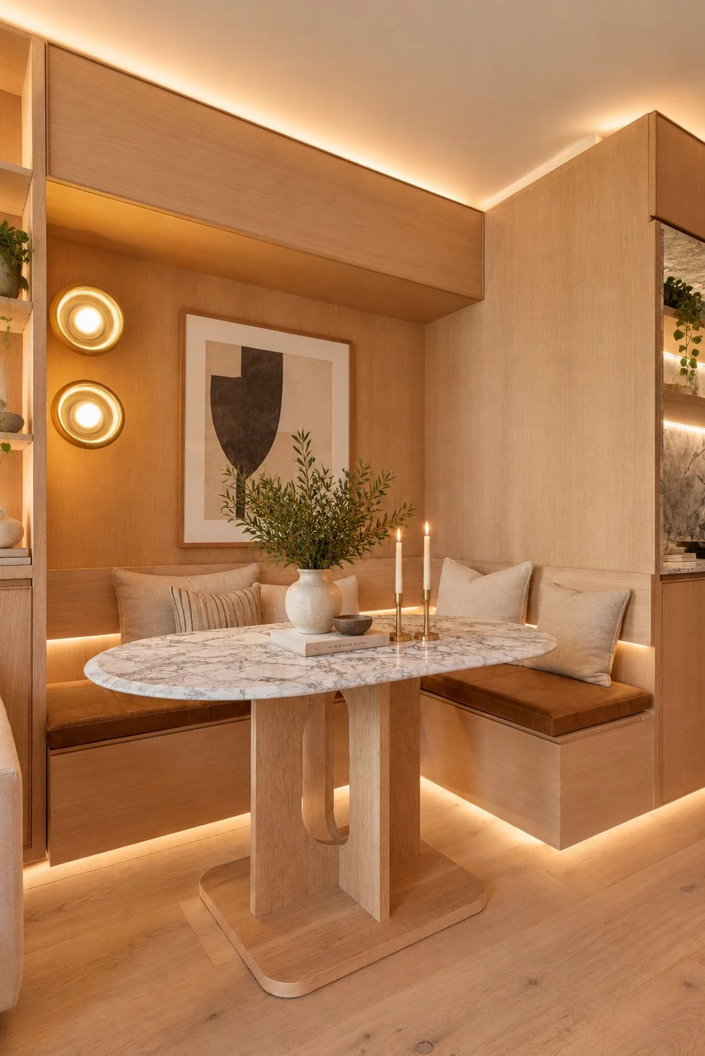 Built-in dining banquette with a stone-topped table at 537 Clinton Street #3B; listing notes some images are virtually staged