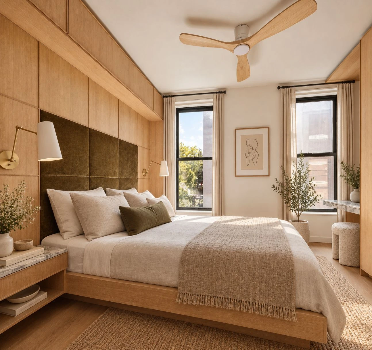 Bedroom with cabinetry around the bed at 537 Clinton Street #3B; listing notes some images are virtually staged