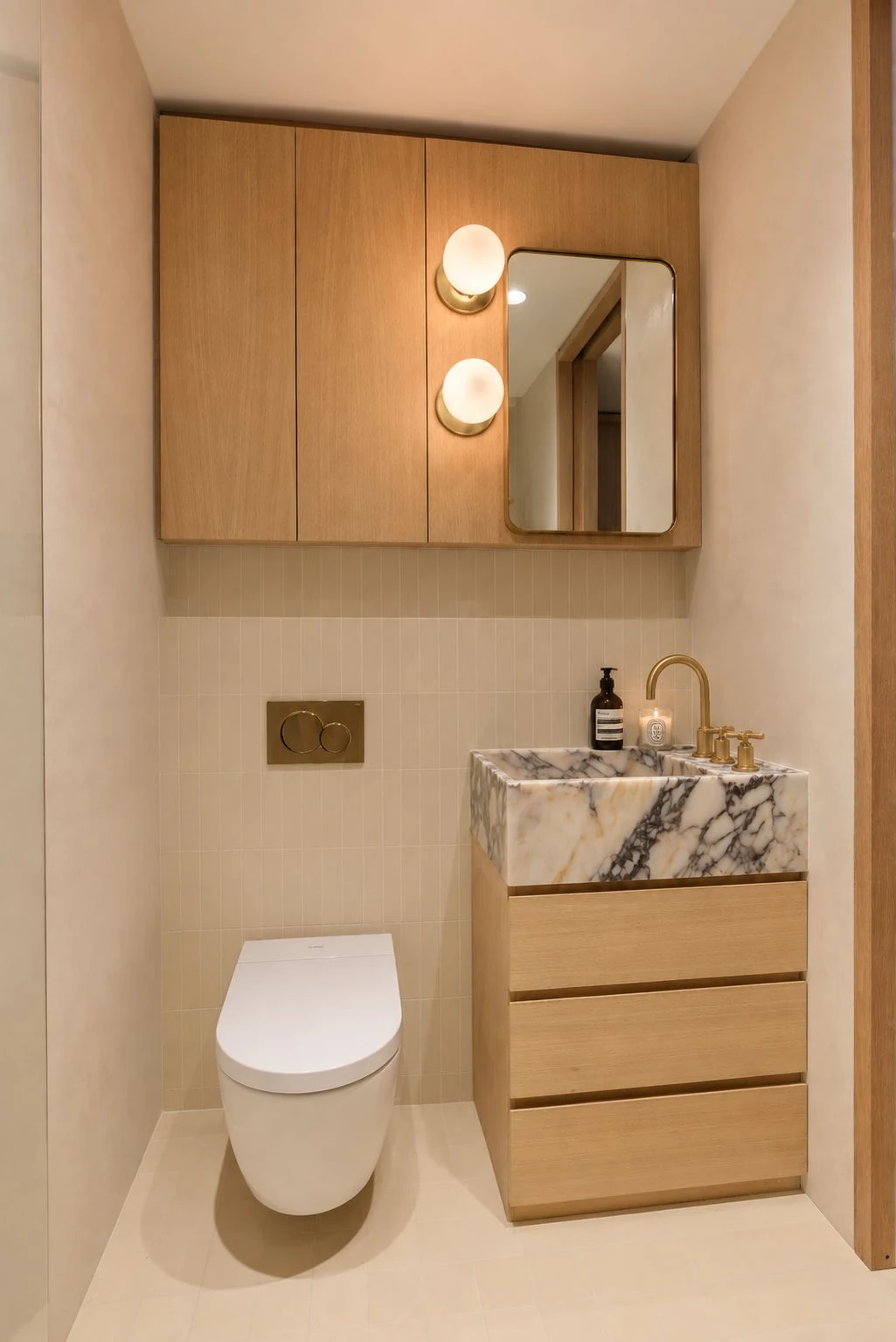 Bathroom vanity and wall-mounted toilet at 537 Clinton Street #3B; listing notes some images are virtually staged