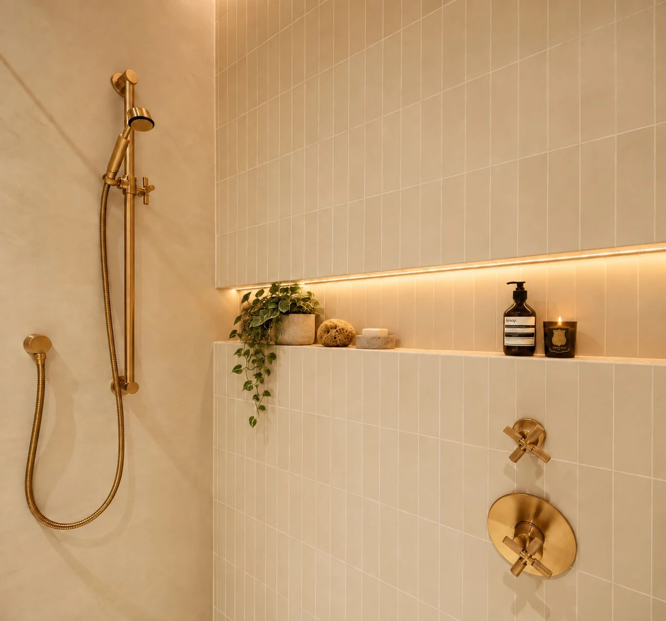 Shower fittings and a recessed shelf at 537 Clinton Street #3B; listing notes some images are virtually staged