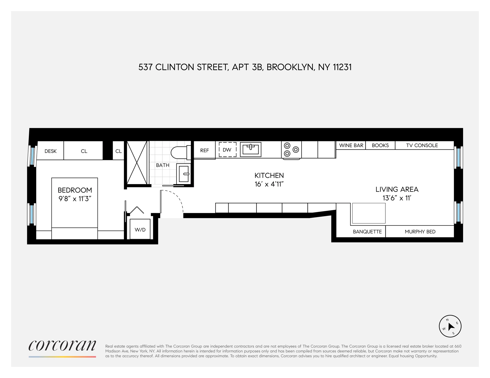 Listing-provided one-bedroom floor plan at 537 Clinton Street #3B