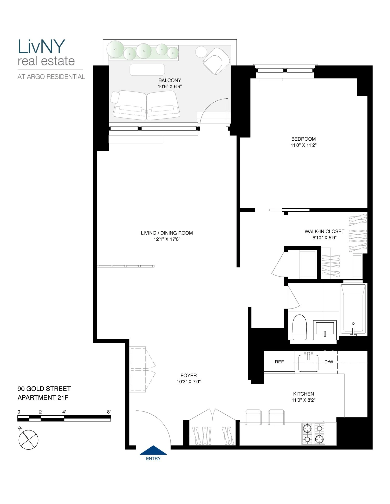 Listing-provided one-bedroom floor plan at 90 Gold Street #21F