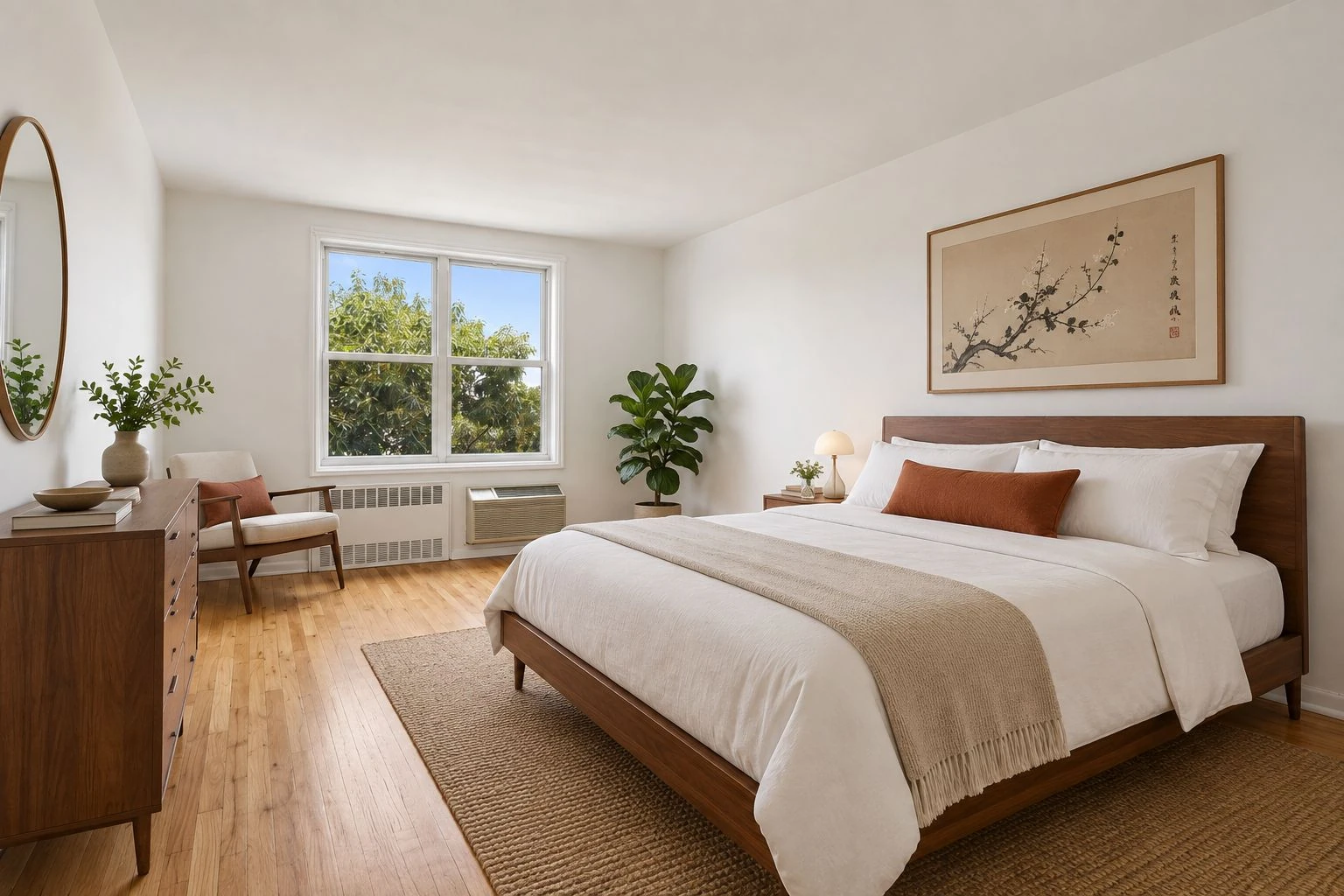 Bedroom with a window and wood floor at 34-43 60th Street #4DE
