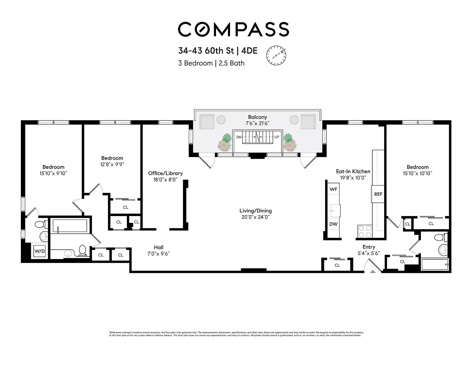 Listing-provided three-bedroom plan with a separate office/library at 34-43 60th Street #4DE