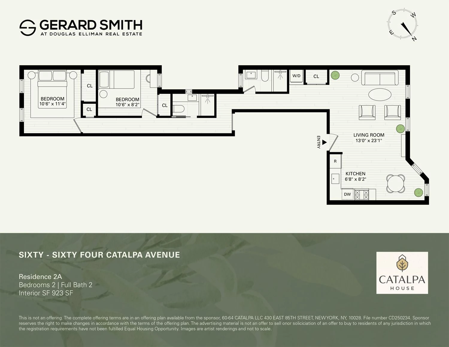 Listing-provided two-bedroom, two-bath floor plan at 60-64 Catalpa Avenue #2A