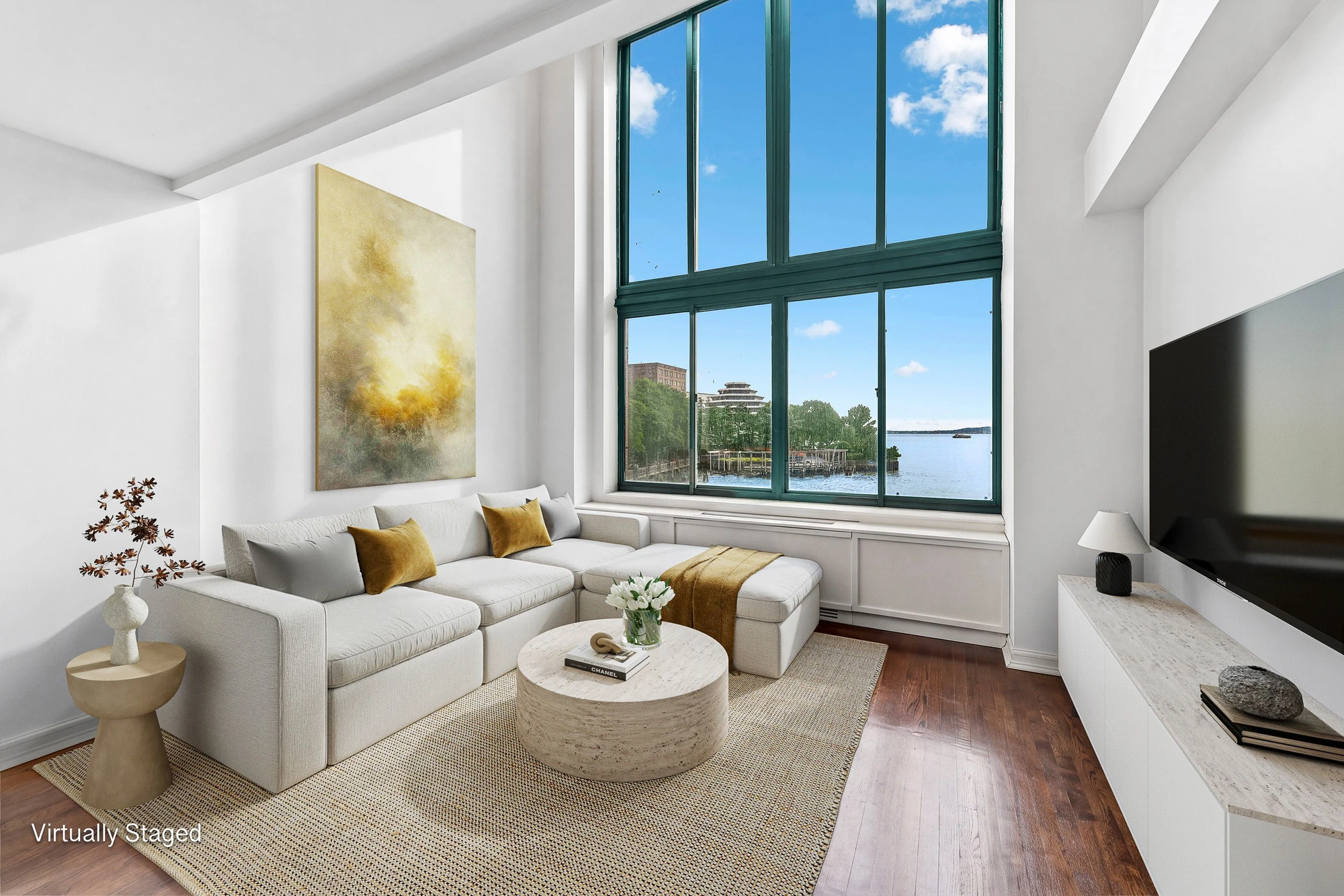 Virtually staged living room with a tall green-framed Hudson River window at 21 South End Avenue #207