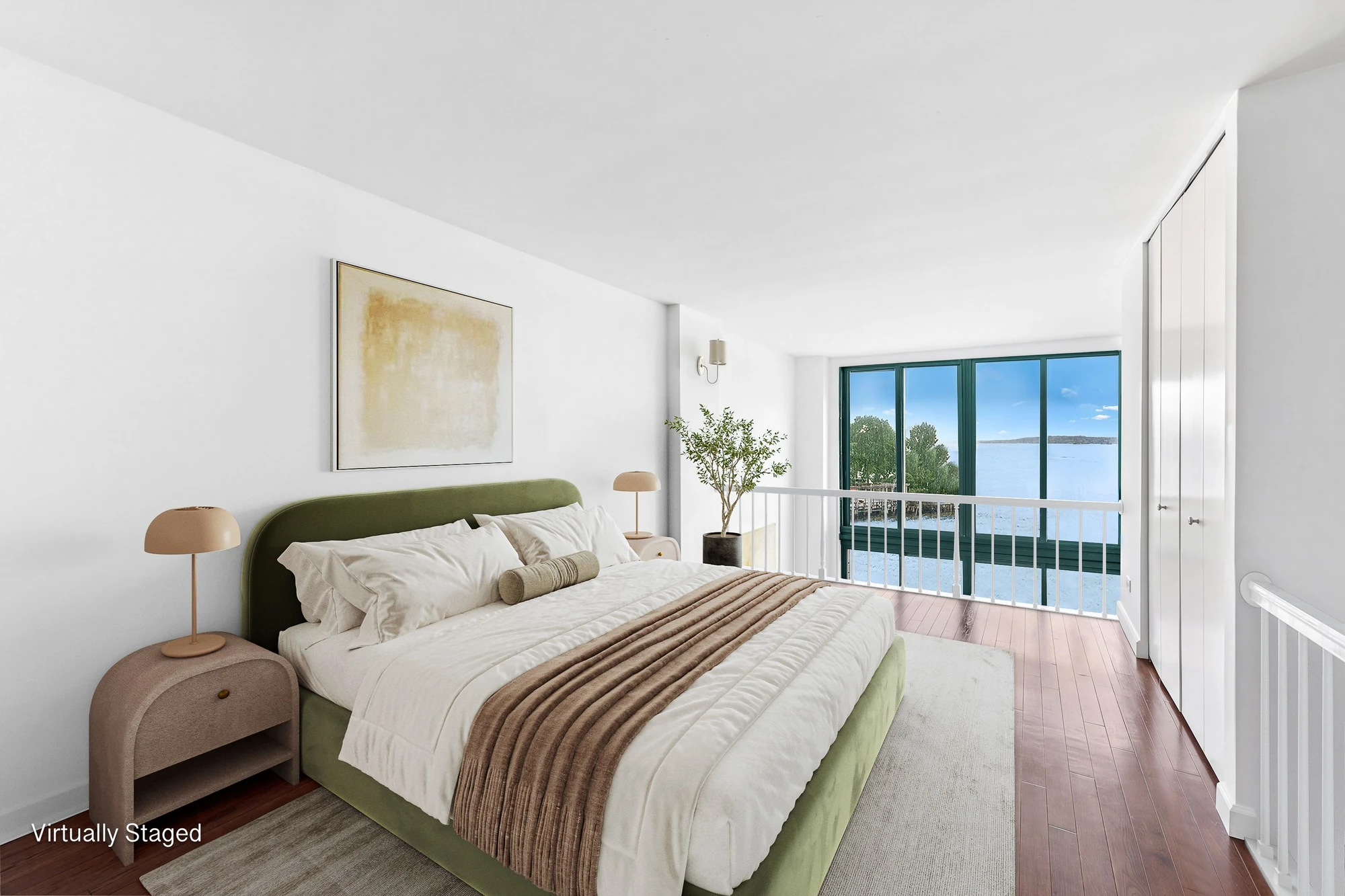 Virtually staged upper sleeping area open to the double-height living space and Hudson River window at 21 South End Avenue #207