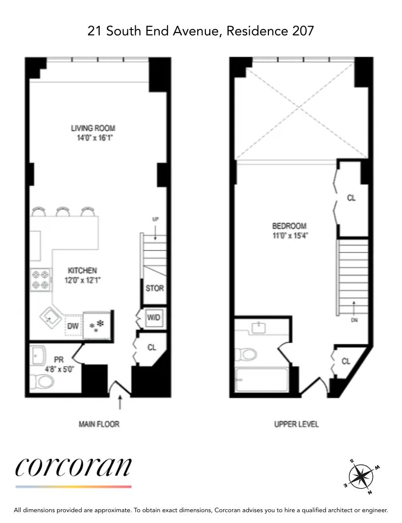 Residence 207 floor plan showing the lower living room, kitchen and powder room, with the bedroom and full bath upstairs