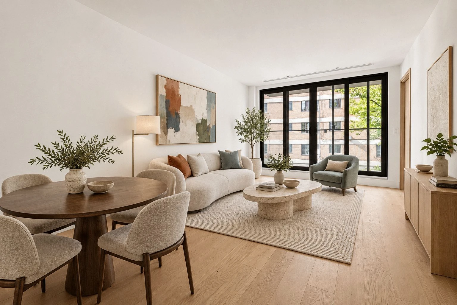 Living and dining room with a wide black-framed window wall and pale wood flooring at 100 Scholes Street #2A