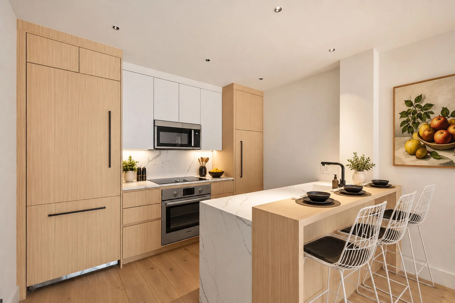 Wood kitchen cabinetry and a breakfast bar with white counters at 100 Scholes Street #2A