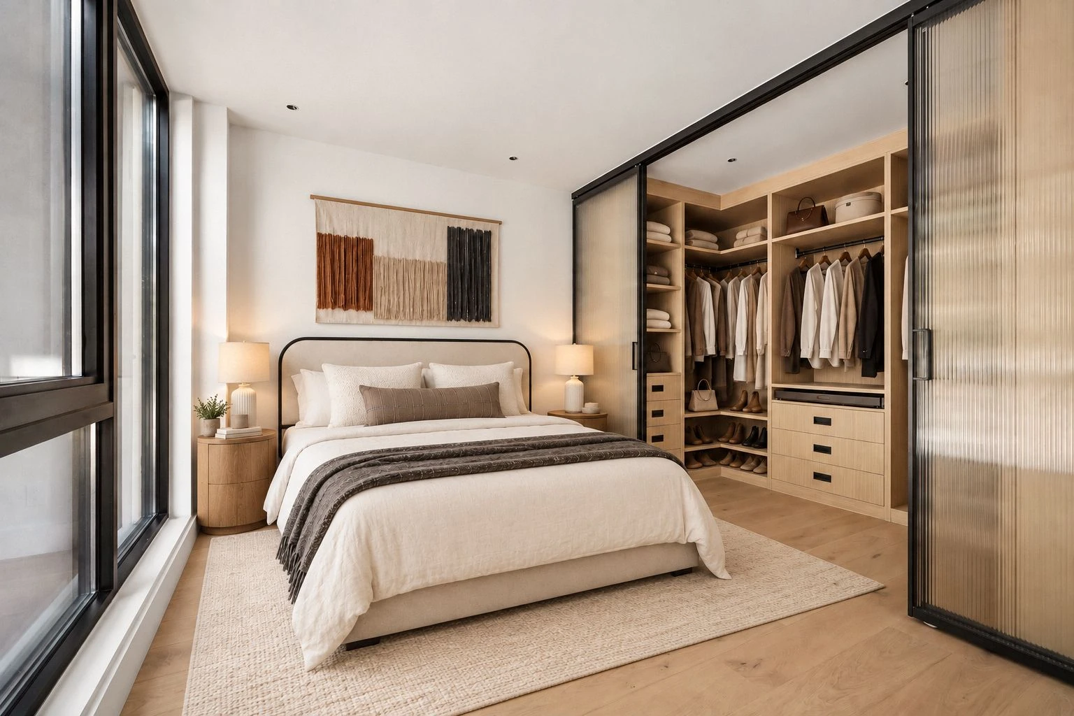 Bedroom beside the walk-in dressing room with frosted-glass doors at 100 Scholes Street #2A
