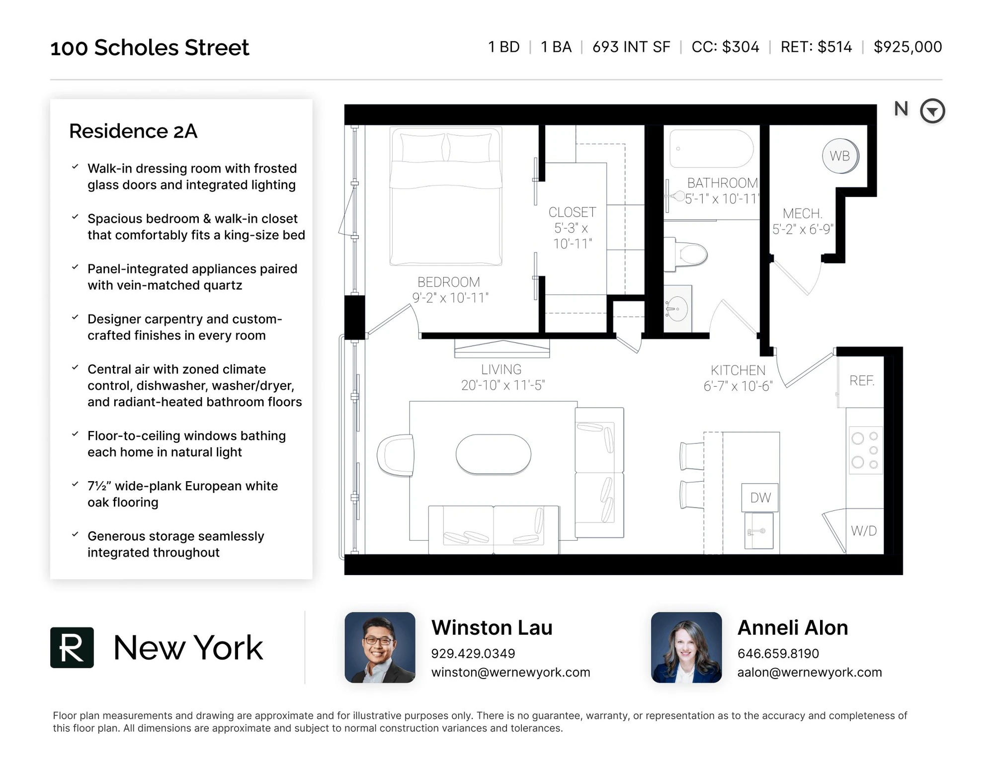 Residence 2A floor plan showing one bedroom, a dressing room, one bath and in-unit laundry at 100 Scholes Street