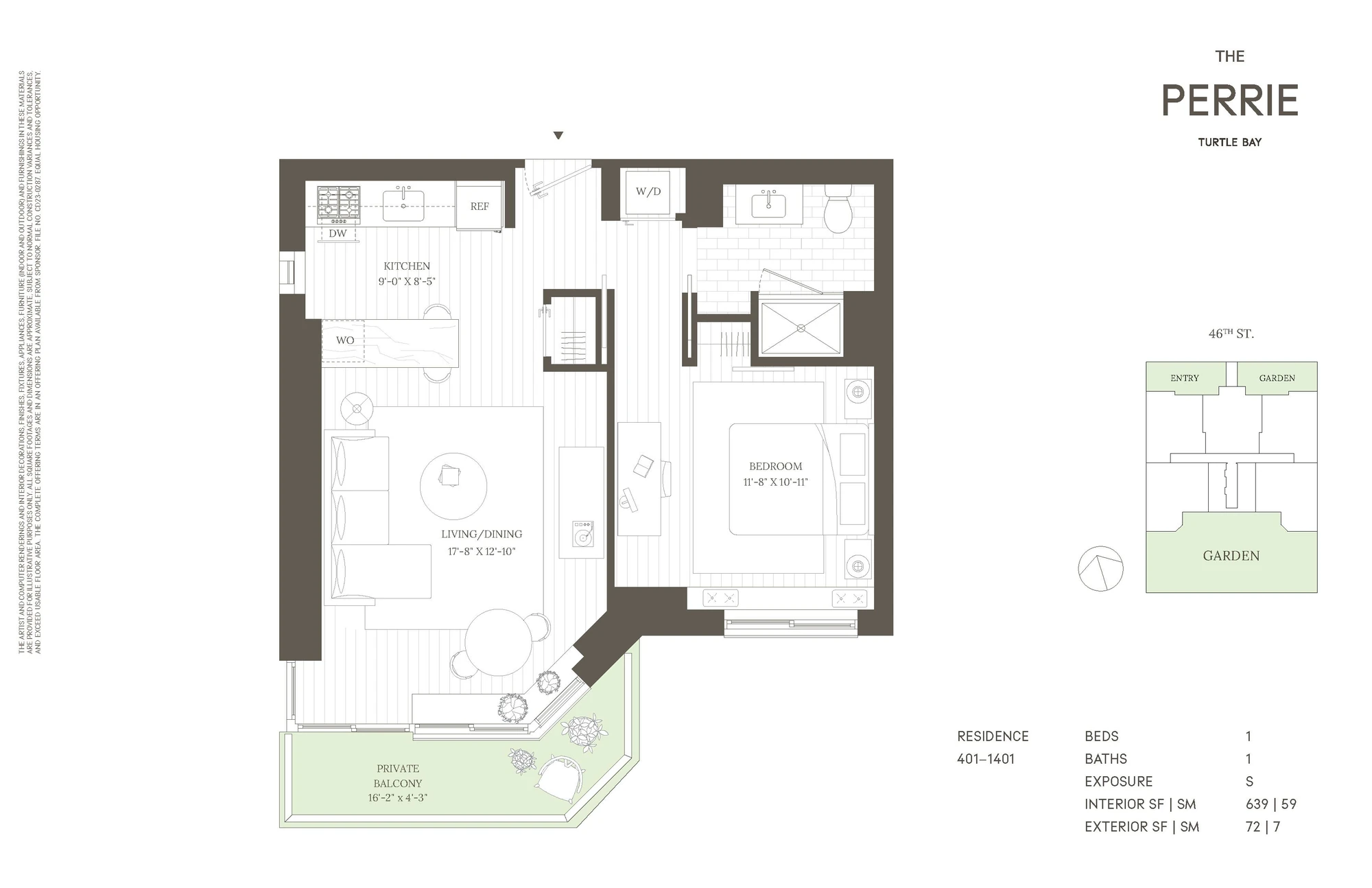 The Perrie Residence 401–1401 floor plan showing one bedroom, 639 interior square feet and a 72-square-foot private balcony