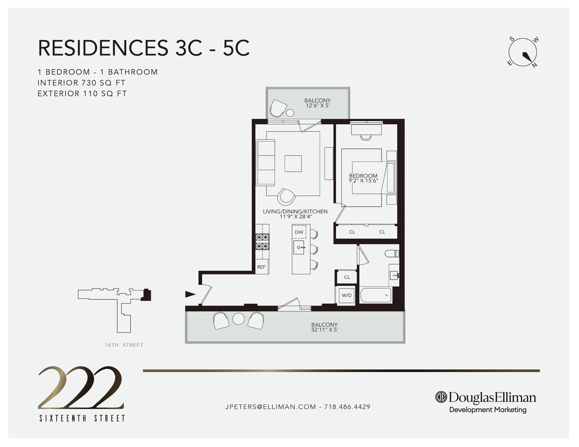 Broker floor plan for residences 3C–5C showing one bedroom and two private balconies at 222 16th Street