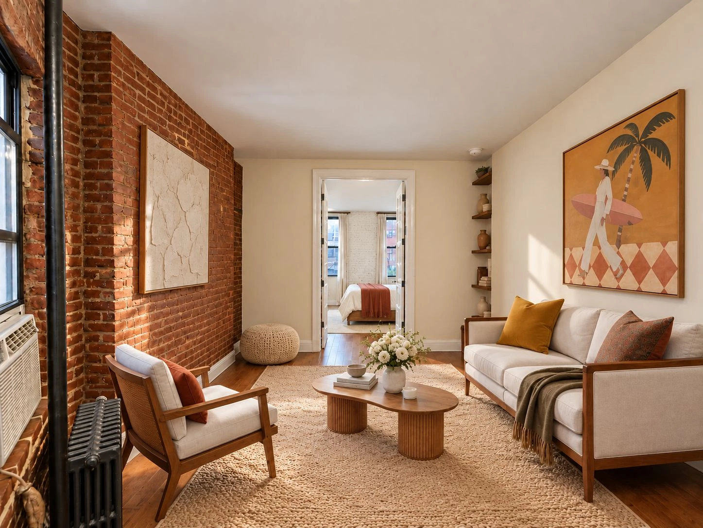 Living room with a red exposed-brick wall, tall windows and wood seating at 646 Ninth Avenue #4FS