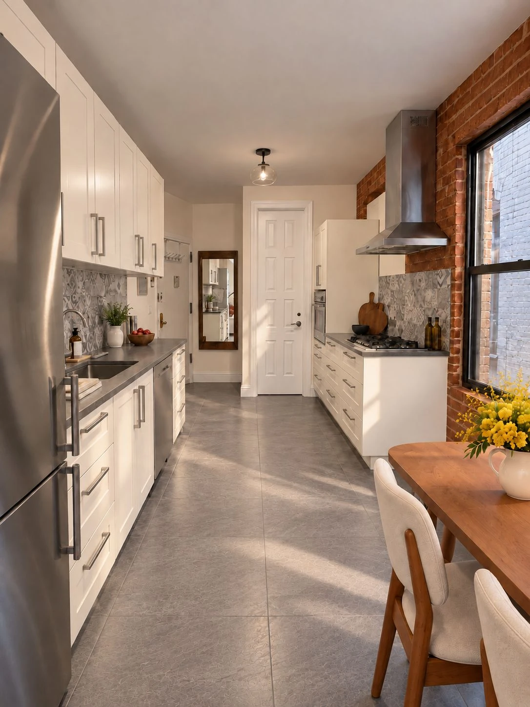 Windowed kitchen with white cabinetry, patterned tile and exposed brick at 646 Ninth Avenue #4FS