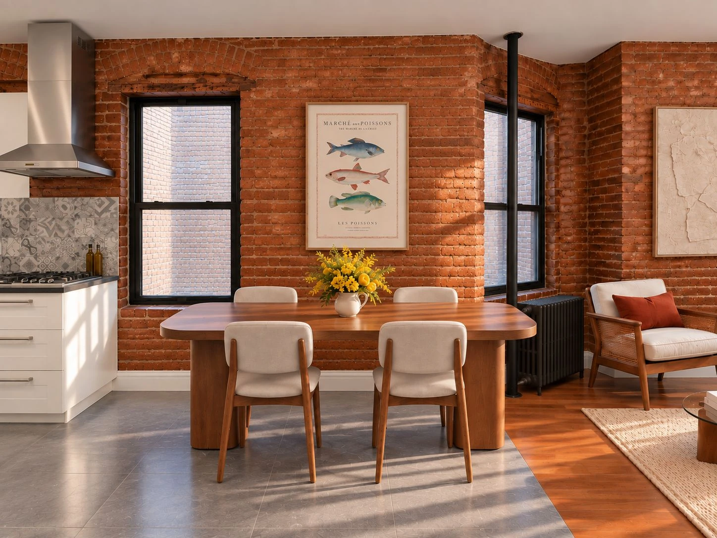 Dining table beside two windows and exposed brick in the kitchen at 646 Ninth Avenue #4FS