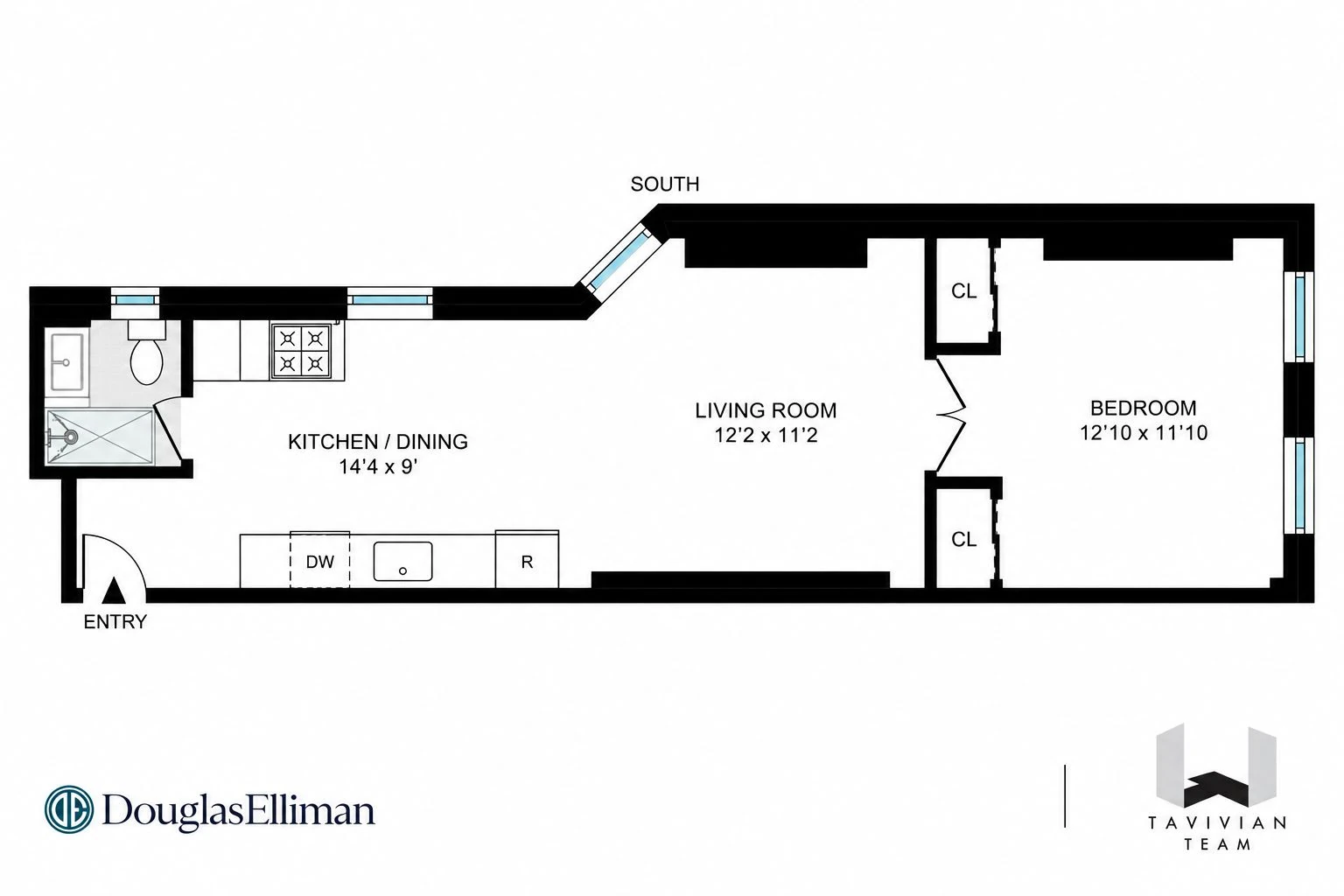 Broker floor plan showing one bedroom and a connected kitchen, dining and living area at 646 Ninth Avenue #4FS