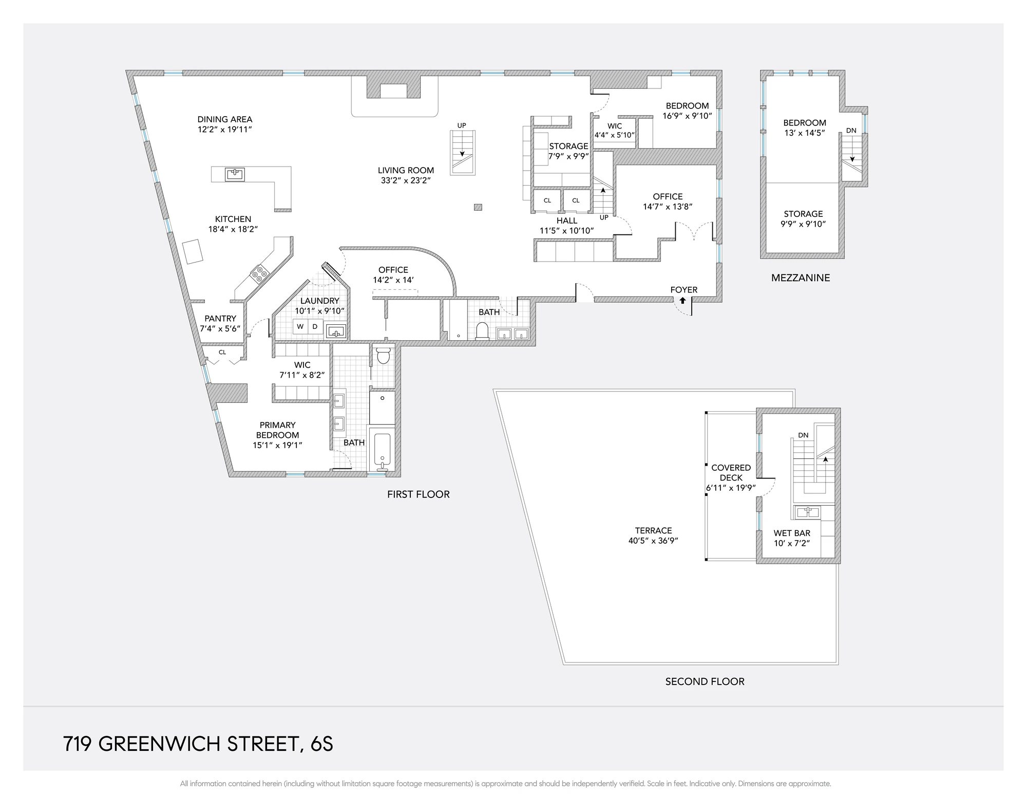 Listing-supplied current floor plan showing the main loft, a separate mezzanine sleeping area, and a rooftop terrace with covered deck