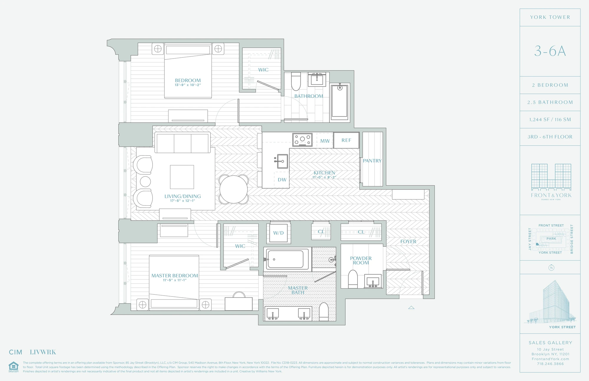 York Tower A-stack plan for floors 3 through 6 showing two bedrooms, two full baths and a powder room at 115 York Street #4A–York