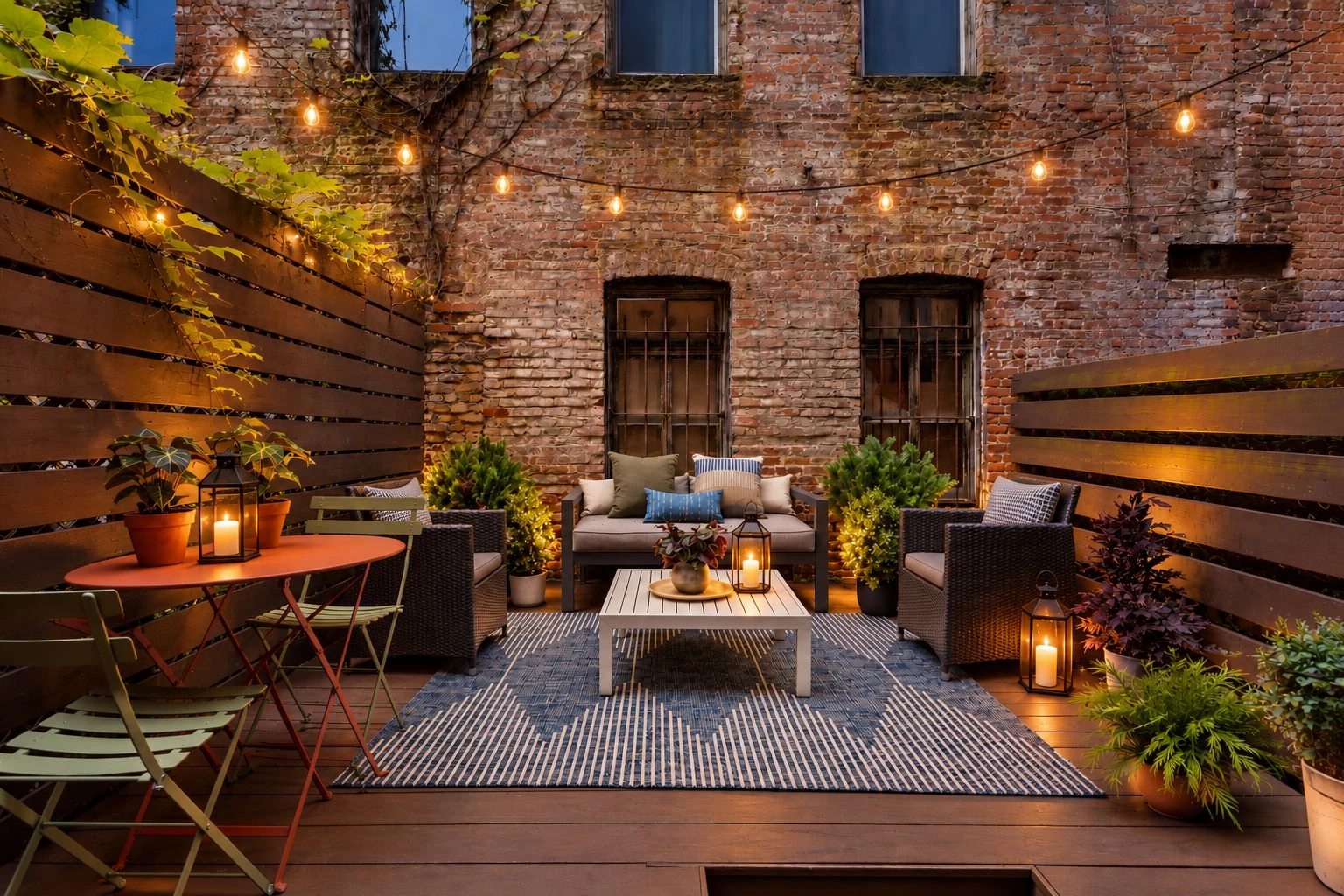 Brick-walled private patio with a wood-toned deck, plants, string lights and outdoor seating at 118 Suffolk Street #1B