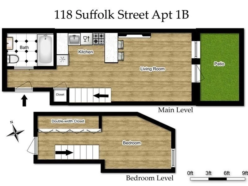 Listing-supplied 1B plan with main-level living and patio and a lower-level bedroom at 118 Suffolk Street #1B