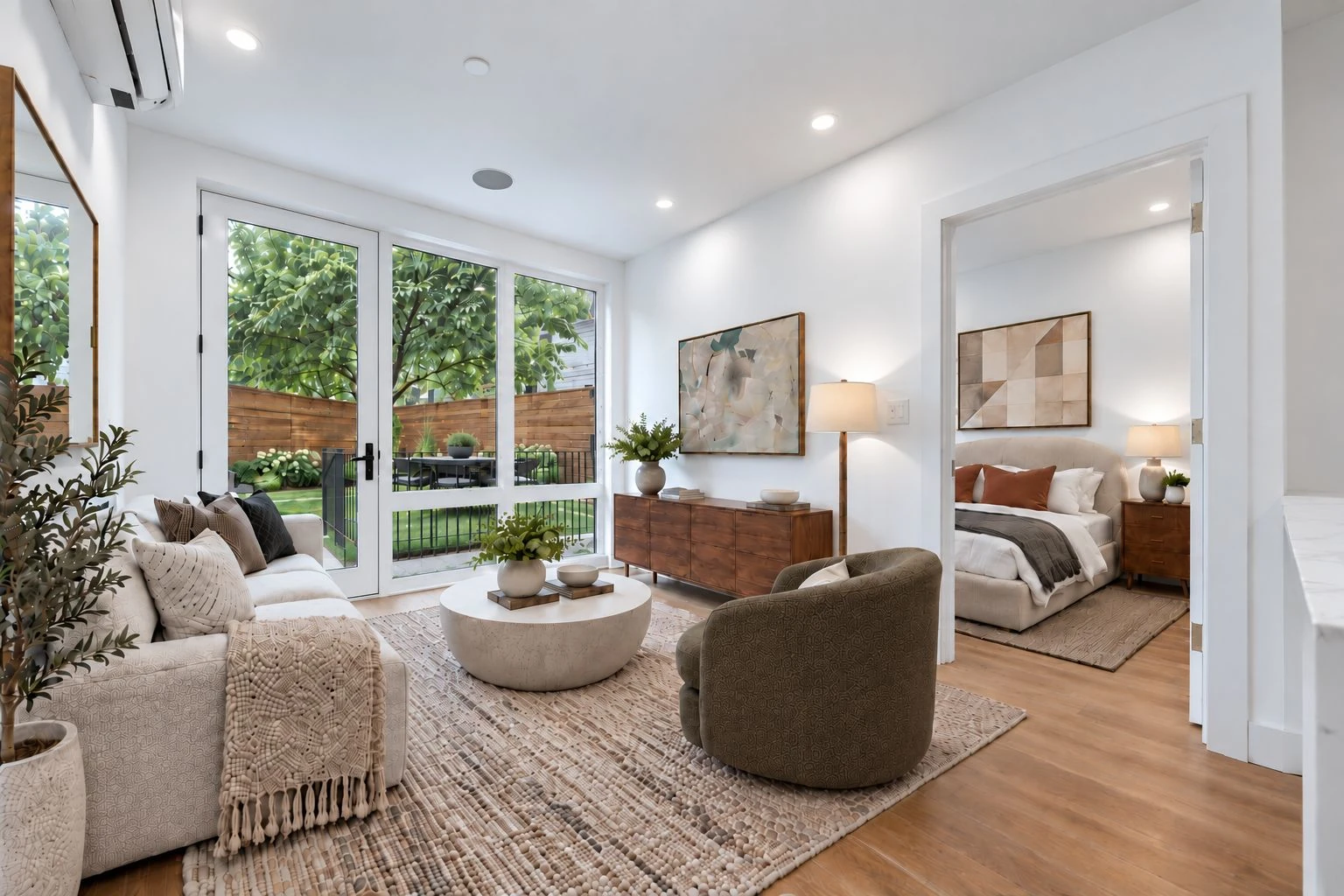 Developer illustration of a living area with glazed garden doors at 1019 Hancock Street #1B